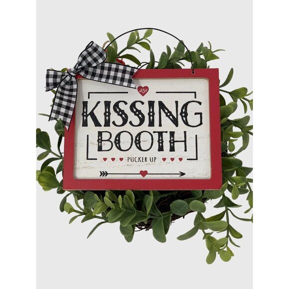 Valentine Kissing Booth Sign Buffalo Check Bow Rustic Farmhouse Tier Tray Decor - Picture 4 of 4